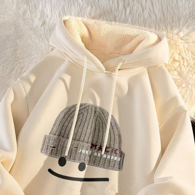 连帽卫衣男冬季加绒加厚款重磅羊羔绒上衣潮牌宽松套头学生外套