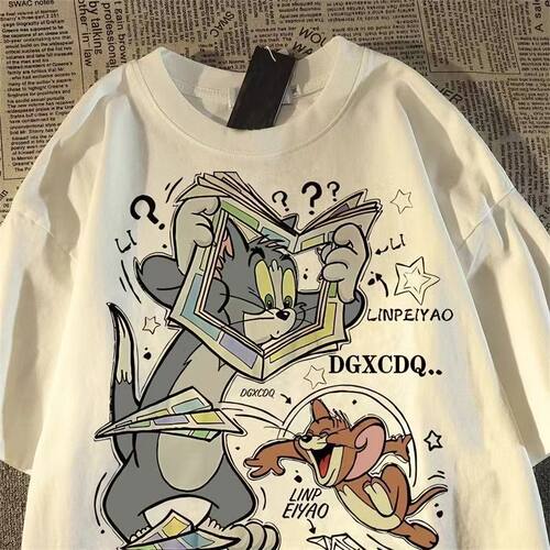 日系复古猫和老鼠短袖男女宽松夏季新款oversize上衣半袖休闲T12