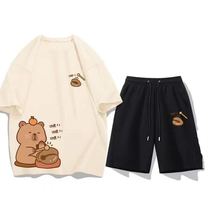 卡皮巴拉水豚套装夏季2025休闲潮流短袖青少年宽松运动五分裤整套