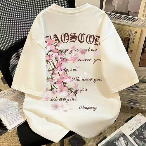 美式潮牌短袖男女夏季宽松樱花花卉印花字母印花叠穿男女上衣12