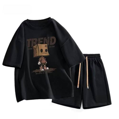 短袖t恤男港风ins潮流五分袖男五分短裤一套夏季新款运动休闲套装