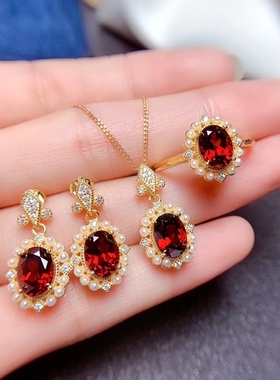 银镀黄金配钻镶嵌天然石榴石女人石珍珠豪华套装时尚百搭小清新戒