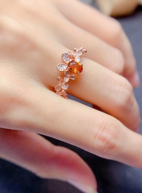 银镀玫瑰金镶嵌天然黄水晶时尚百搭小清新日韩花瓣花朵戒指活口