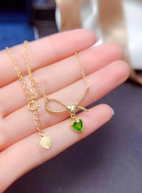 银镀黄金镶嵌天然心形透辉石时尚潮流日韩小清新蝴蝶结丝带项链