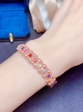 银镀玫瑰金白金镶嵌彩色马卡龙多彩糖果色蓝宝石时尚日韩大气手镯