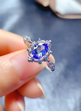 天然坦桑石戒指925银镀白金精工时尚韩版蕾丝轻奢高级食指戒活口