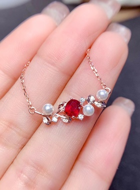银镀玫瑰金镶钻镶嵌鸽血红宝石时尚珍珠豪华树叶百搭小清新锁骨链