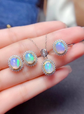 天然变彩澳大利亚欧泊套装时尚日韩一克拉耳钉戒指项链纯银镀白金