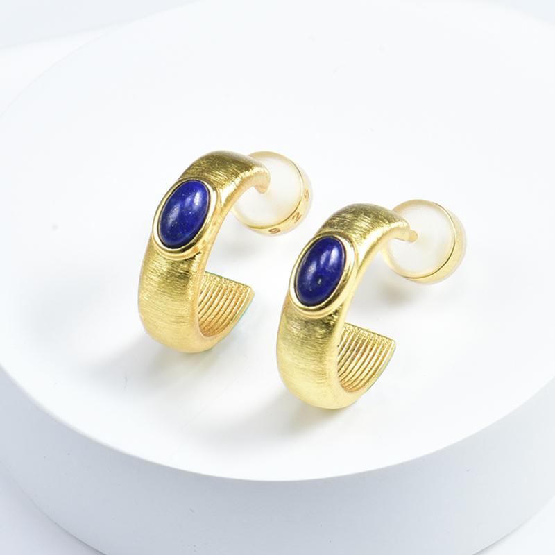 简约气质纯银镀金拉丝青金石耳环