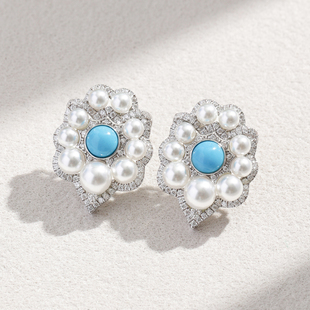 卓蝶珠宝纯银镀白金人造珍珠蓝松石耳钉睡美人高瓷蓝复古美松耳环