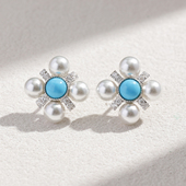 卓蝶珠宝幸运四叶草蓝松石耳钉纯银镀金人工珍珠耳环女气质高级感