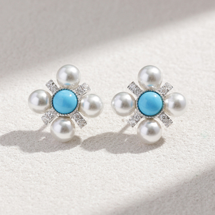 卓蝶珠宝幸运四叶草蓝松石耳钉纯银镀金人工珍珠耳环女气质高级感