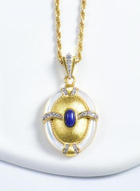 天然青金石白贝母纯银镀金项链女