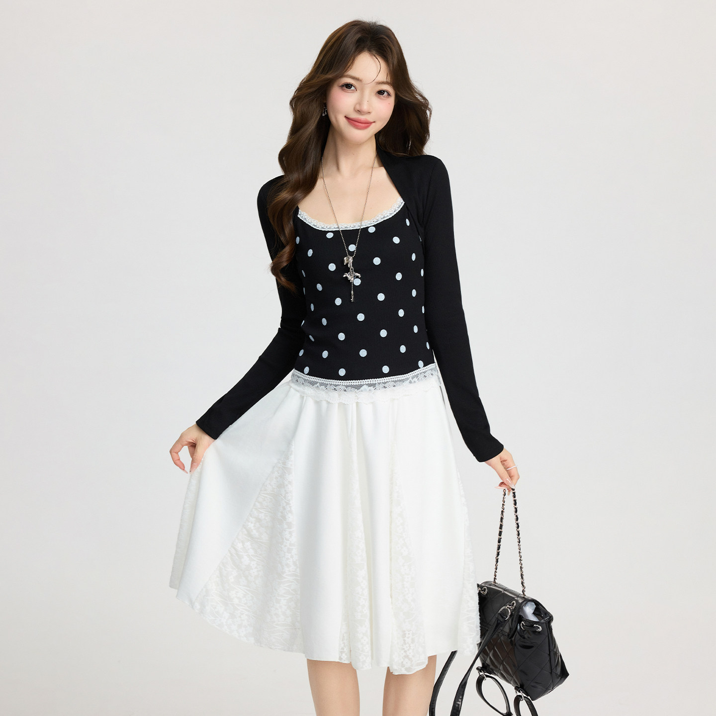 实拍实价韩系黑色蕾丝波点假两件打底衫长袖T恤女春拼接内搭上衣