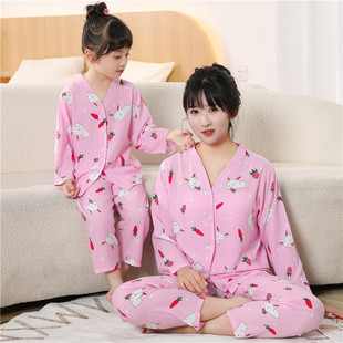 夏季睡衣棉绸长袖亲子装家庭套装母女装大码妈妈男女士薄款居家服