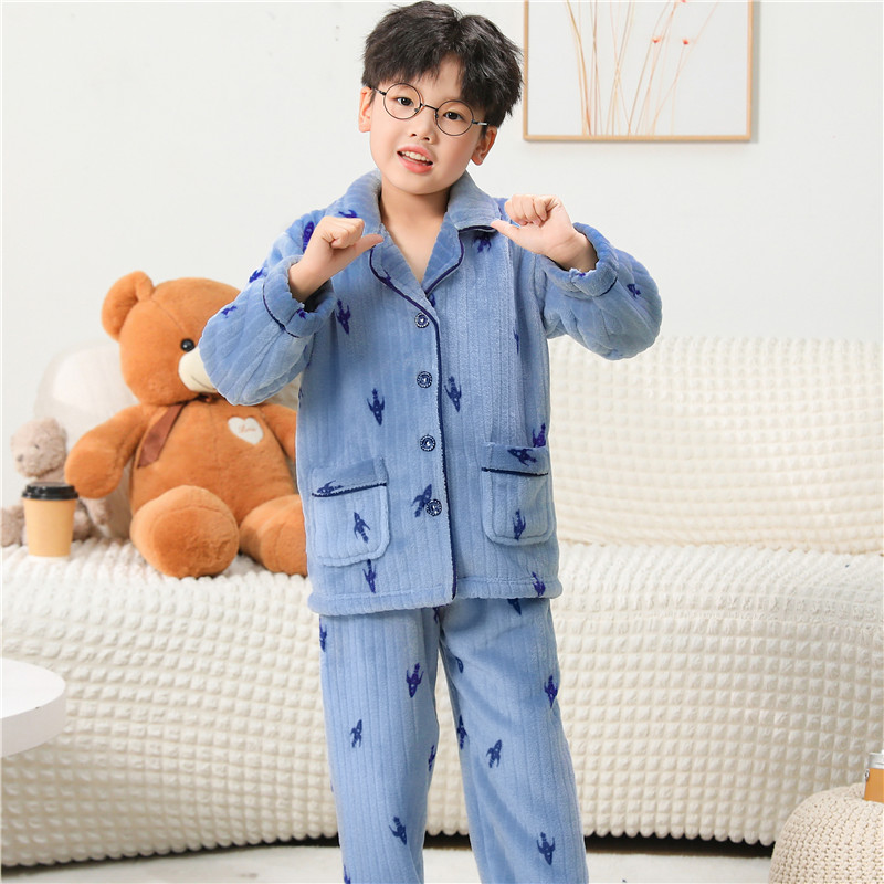 儿童睡衣2025新款秋冬珊瑚绒加厚大男童家居服法兰绒冬季小孩高端