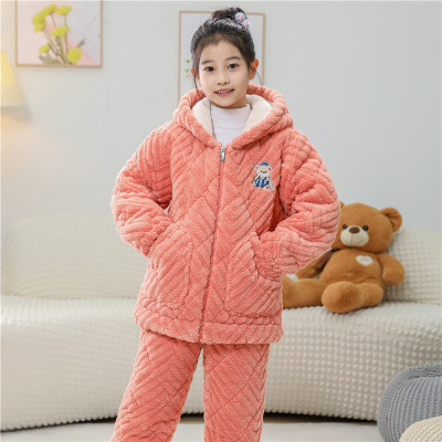 女童儿童睡衣冬季加绒加厚法兰绒三层夹棉女孩男童宝宝家居服大童