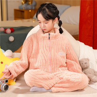 女童珊瑚绒睡衣秋冬款2024新款厚款儿童网红女孩冬季法兰绒家居服