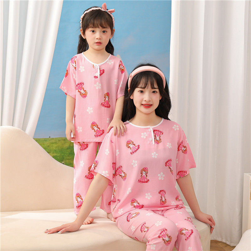母女款睡衣女春秋季短袖薄款棉绸女童可爱女孩公主卡通亲子家居服