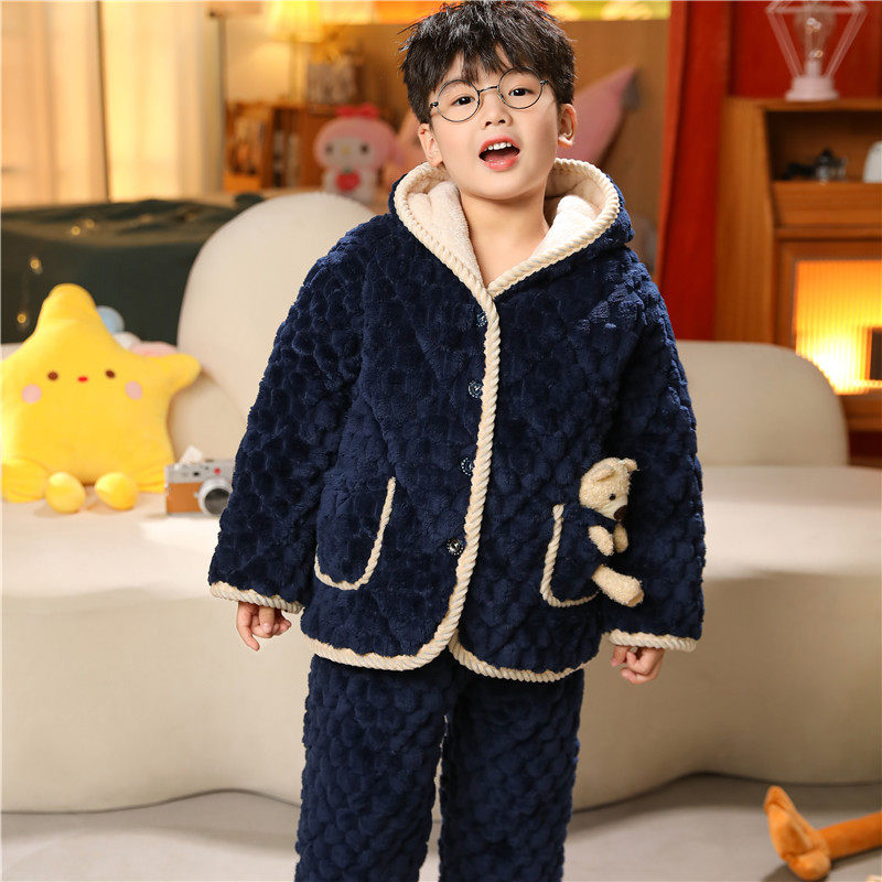 儿童睡衣冬季加厚三层夹棉棉袄套装家居服男童女孩中大童保暖睡衣