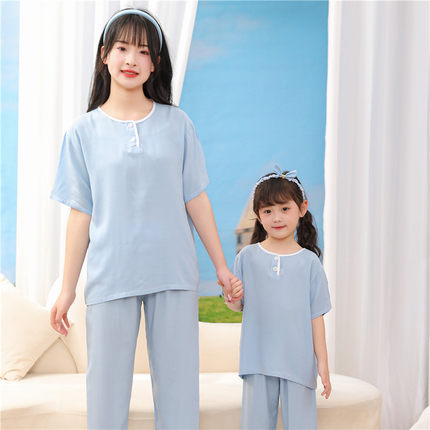 夏季儿童睡衣女童亲子母女装短袖棉绸夏装女大童纯色家居服套装夏