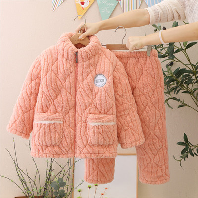 冬季儿童睡衣女童法兰绒套装三层夹棉加厚款大童男孩珊瑚绒家居服