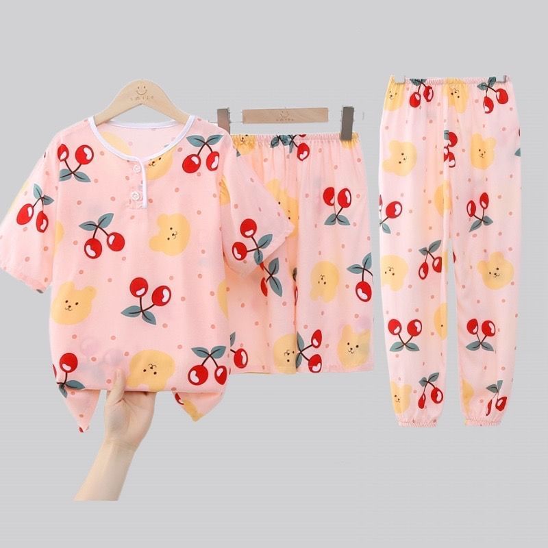 儿童棉绸睡衣女孩夏季短袖三件套中大童空调服灯笼裤男童家居服