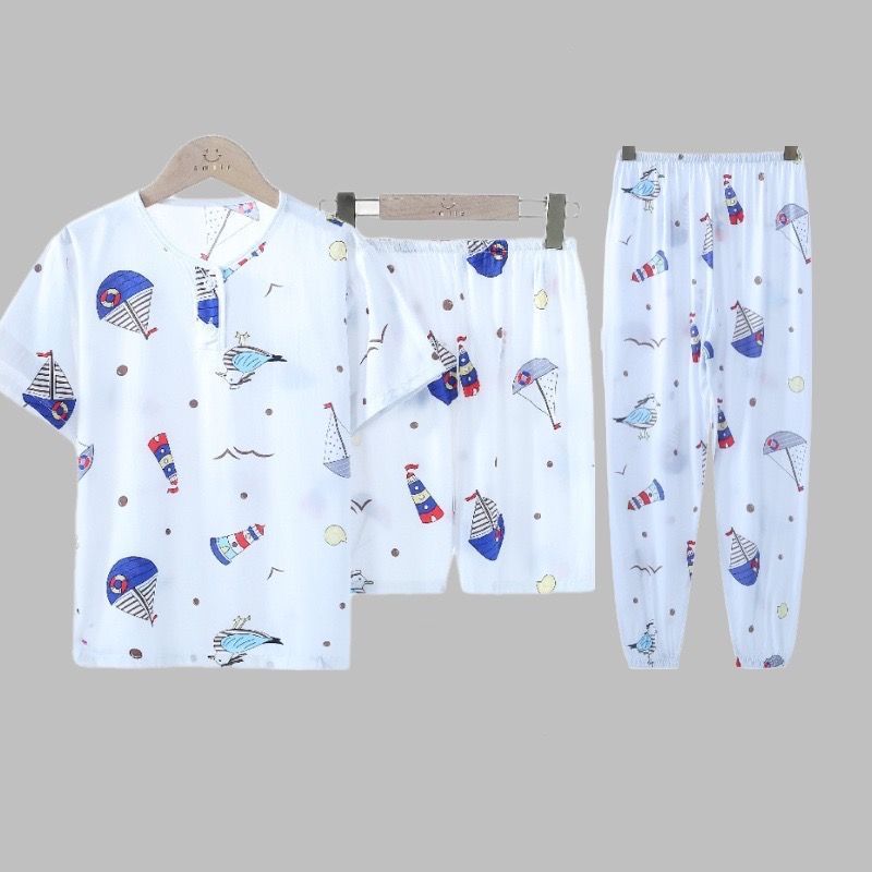 儿童睡衣夏季薄款短袖灯笼裤男童男孩女童棉绸家居服空调套装
