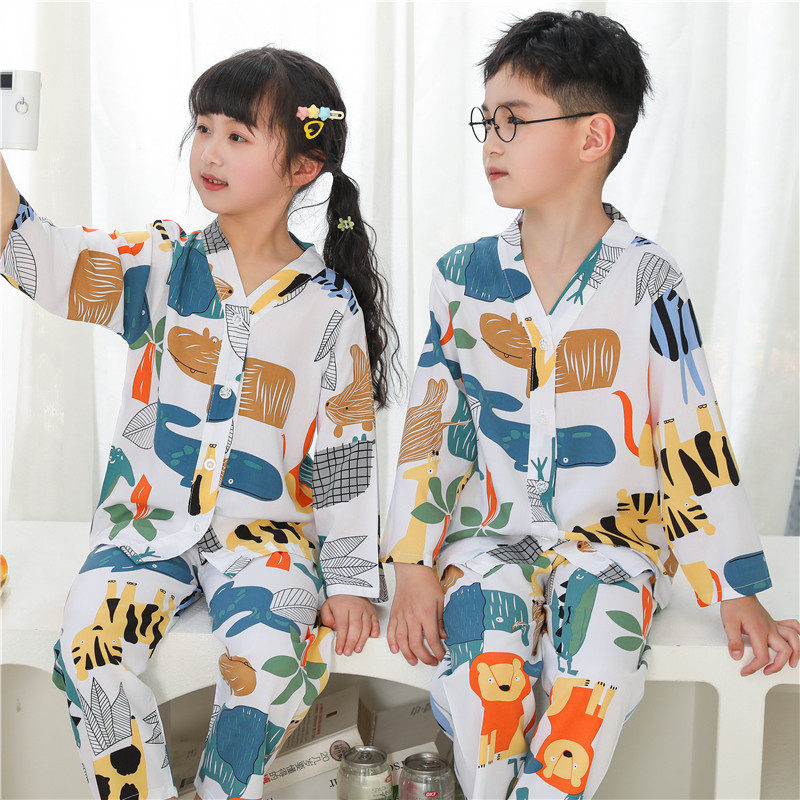 儿童睡衣套装春夏薄款空调服男女童家居服小童中大童棉绸套装