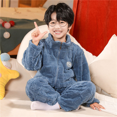 秋冬季胖儿童睡衣男孩珊瑚绒加厚加绒中大童青少年小学生法兰绒冬