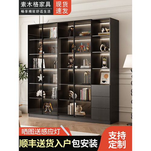 黑色中古书柜带玻璃门展示酒柜