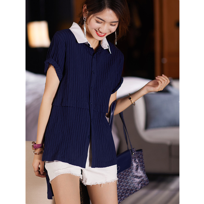 素木原创大码2020夏季皱褶POLO领短袖衬衣气质设计感休闲开衫上衣在类目 女装/女士精品, 蕾丝衫/雪纺衫中 - 来自Buy2taobao.com提供专业的淘宝代购服务