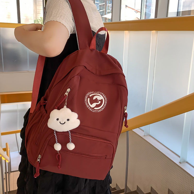 酒红色美式复古书包女大学生简约百搭大容量双肩包韩版高中生背包