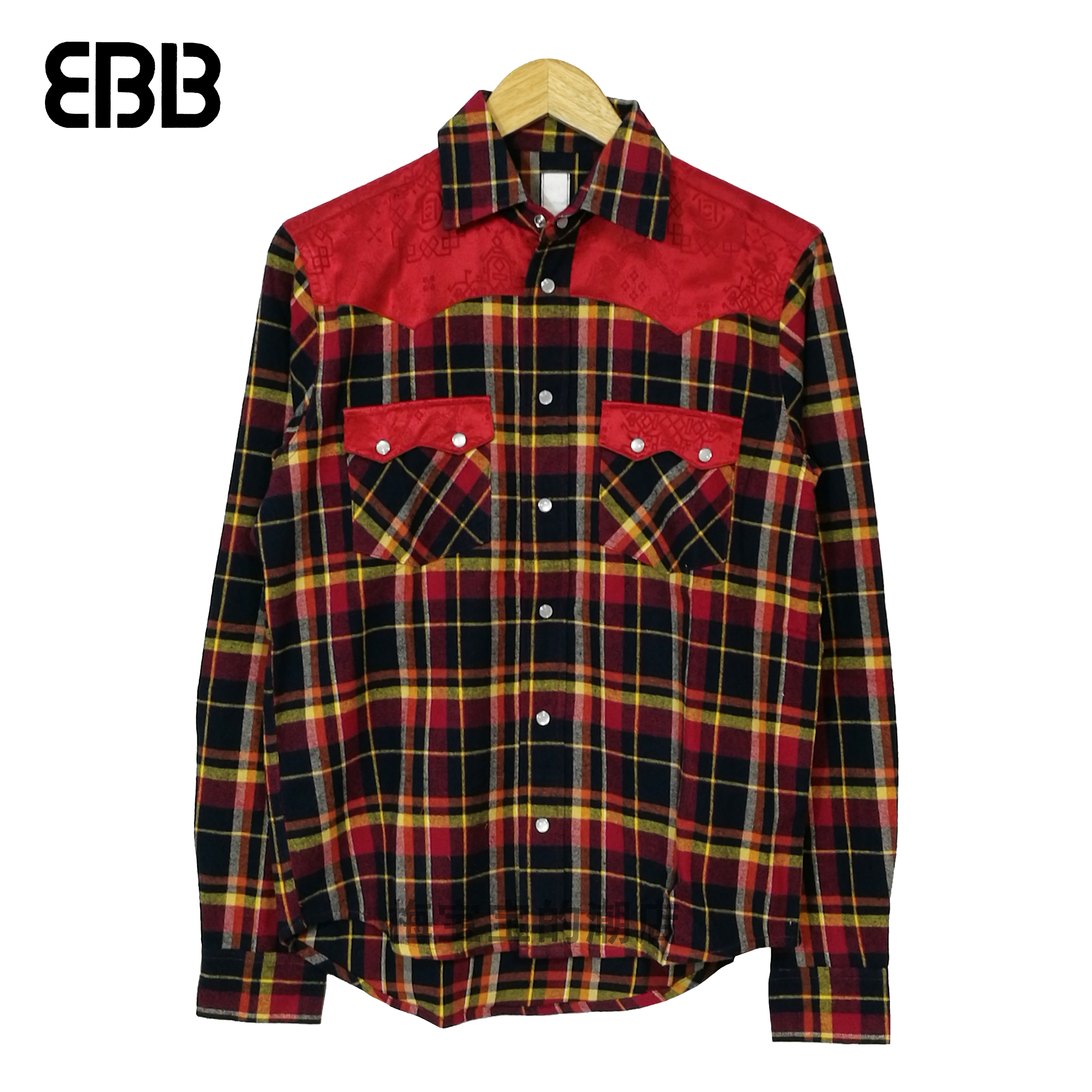 全新正品CLOT SILK WESTERN SHIRT丝绸拼接口袋格纹长袖衬衫
