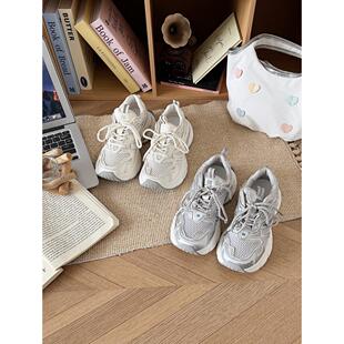 银灰圆头老爹鞋女2025春季新款百搭透气休闲复古慢跑轻便运动鞋女