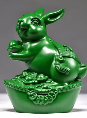 绿色木质雕福兔子摆件实木十二生