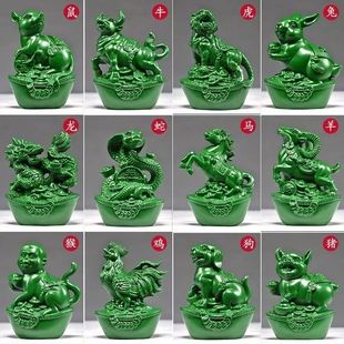 绿色实木质雕十二生肖摆件鸡摆件客厅家居招财新款12生肖摆件全套