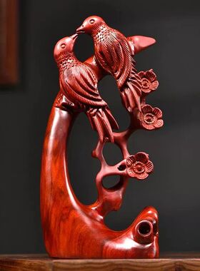红花梨木喜上眉梢喜鹊摆件家居客