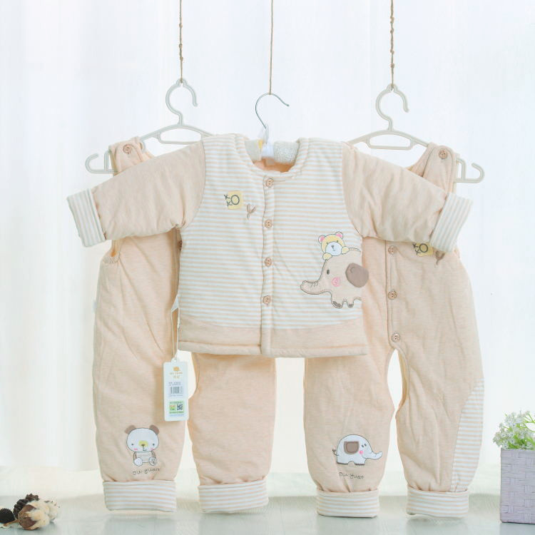 偶园新生婴儿秋冬中厚棉衣三件套宝宝有机彩棉圆领开衫双背带裤