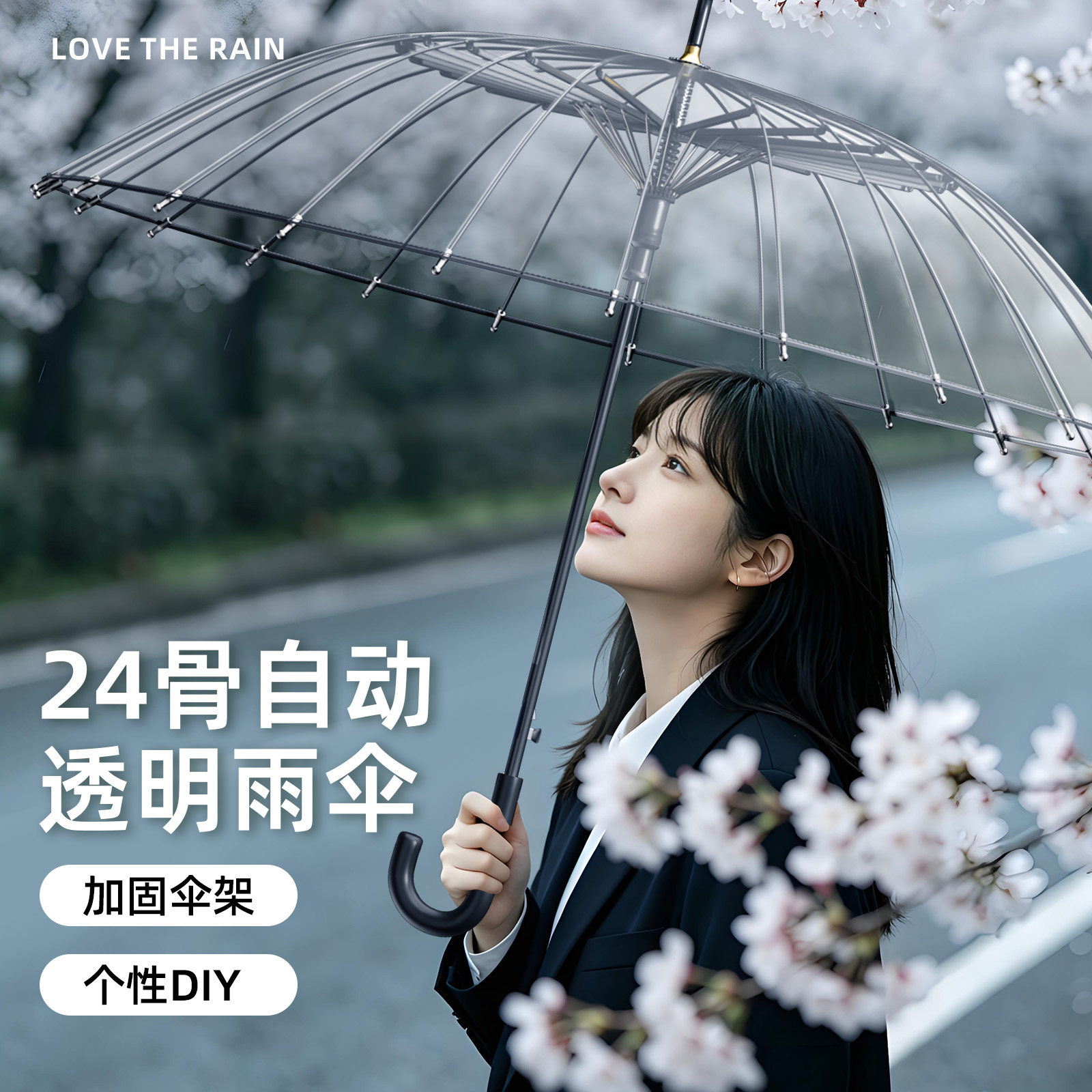 24骨自动加大透明长柄雨伞图片