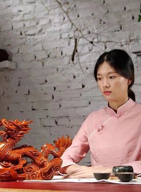 实木青龙摆件风水布局木质龙摆件绿色十二生肖龙木雕金龙木制神龙