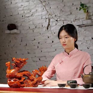 实木青龙摆件风水布局木质龙摆件绿色十二生肖龙木雕金龙木制神龙