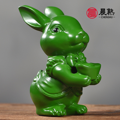 木雕兔子摆件实木质十二生肖兔绿