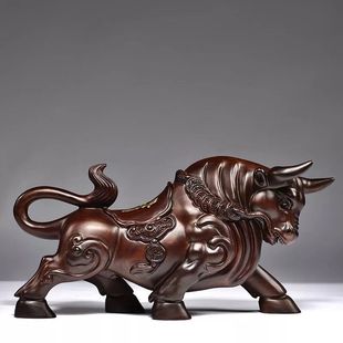 黑檀木雕华尔街牛摆件生肖牛实木雕刻工艺品家居客厅装 饰红木礼品