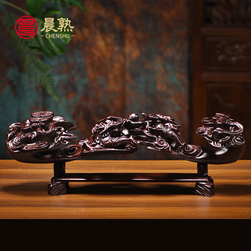 黑檀木木摆件工艺品双龙戏珠如意