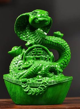 绿色实木十二生肖蛇摆件动物实木雕刻家居客厅办公装饰红木工艺品
