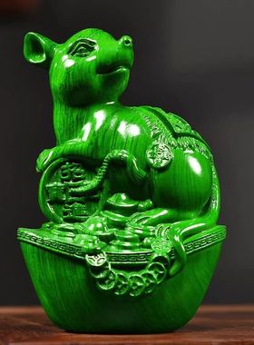 绿色木质老鼠摆件十二生肖木质鼠