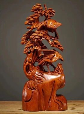 花梨木雕松鹤延年葫芦摆件实木家居客厅玄关酒柜电视柜红木工艺品