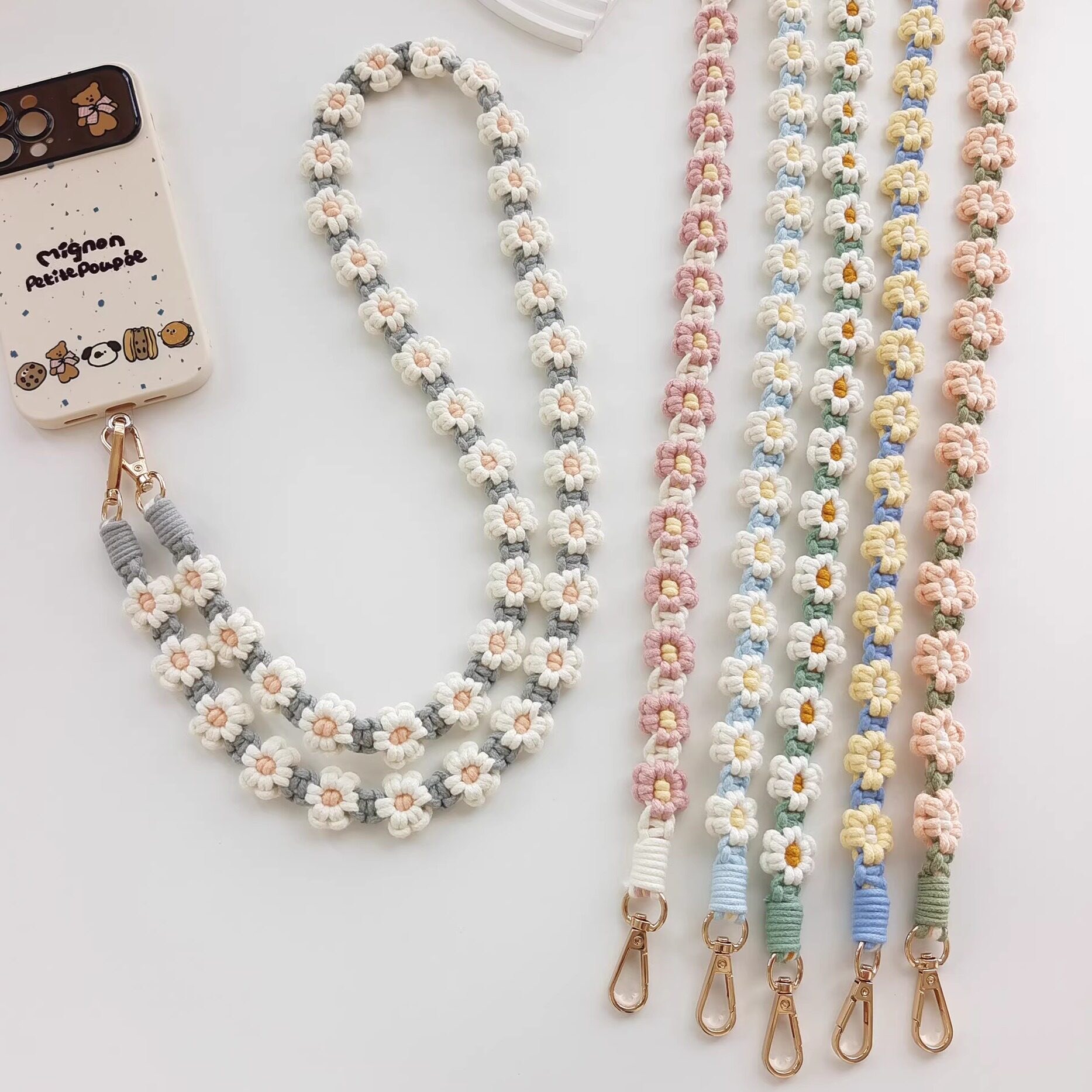 手工编织手机挂绳斜跨可背手机链高颜值雏菊花花朵相机挂脖绳包带