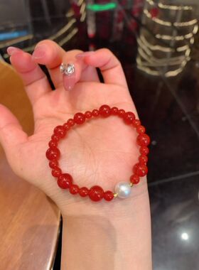 天然南红玛瑙珍珠手链女款本命年红色串珠手饰小众复古